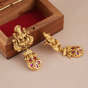 Long antique gold plated ma lakshmi ruby stone earring I Temple Jewellery