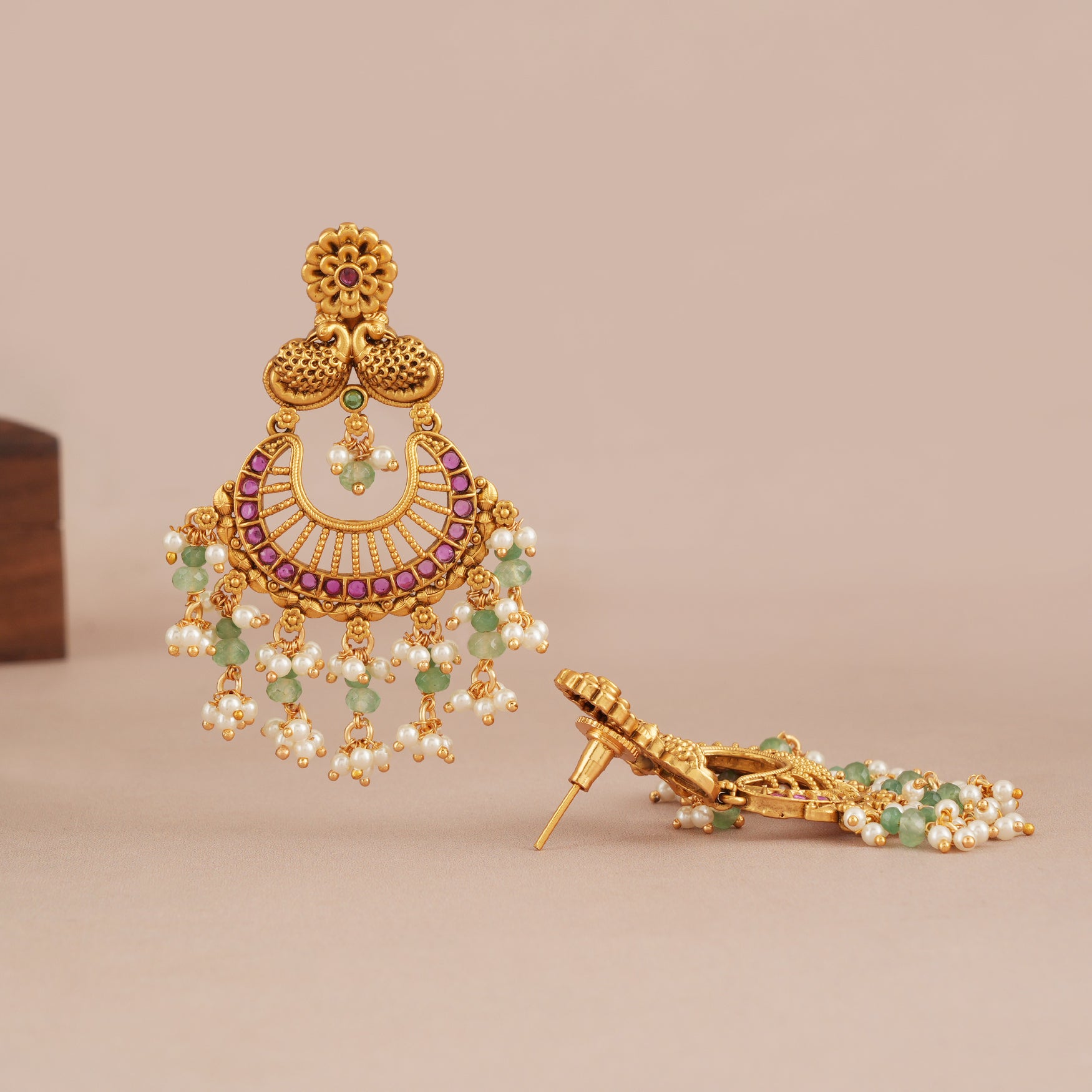 Long antique gold green stone dangler earring