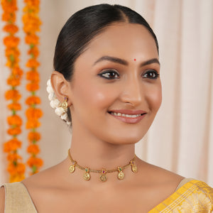 Cute antique gold ma lakshmi coin choker necklace set I Temple Jewellery
