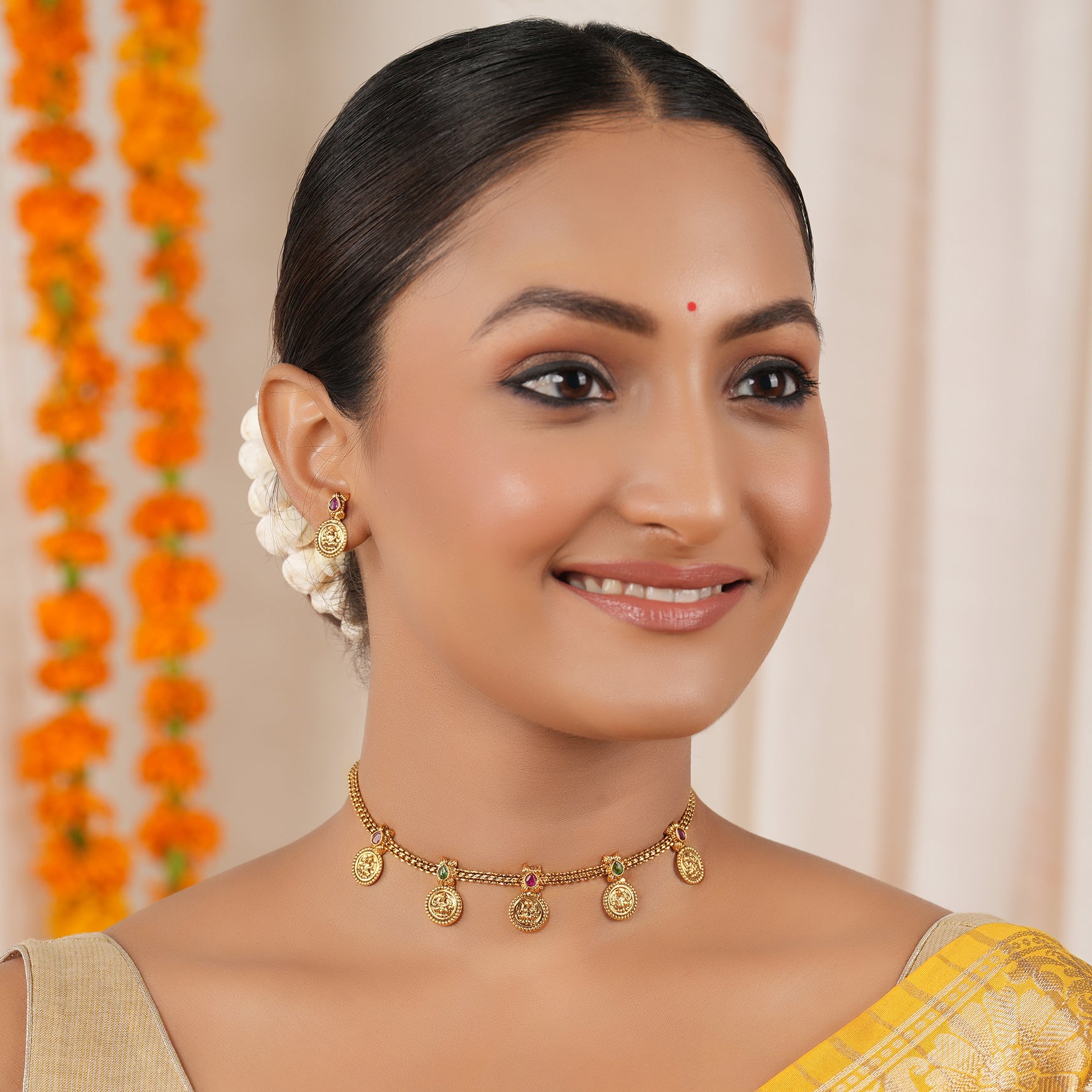 Cute antique gold ma lakshmi coin choker necklace set I Temple Jewellery