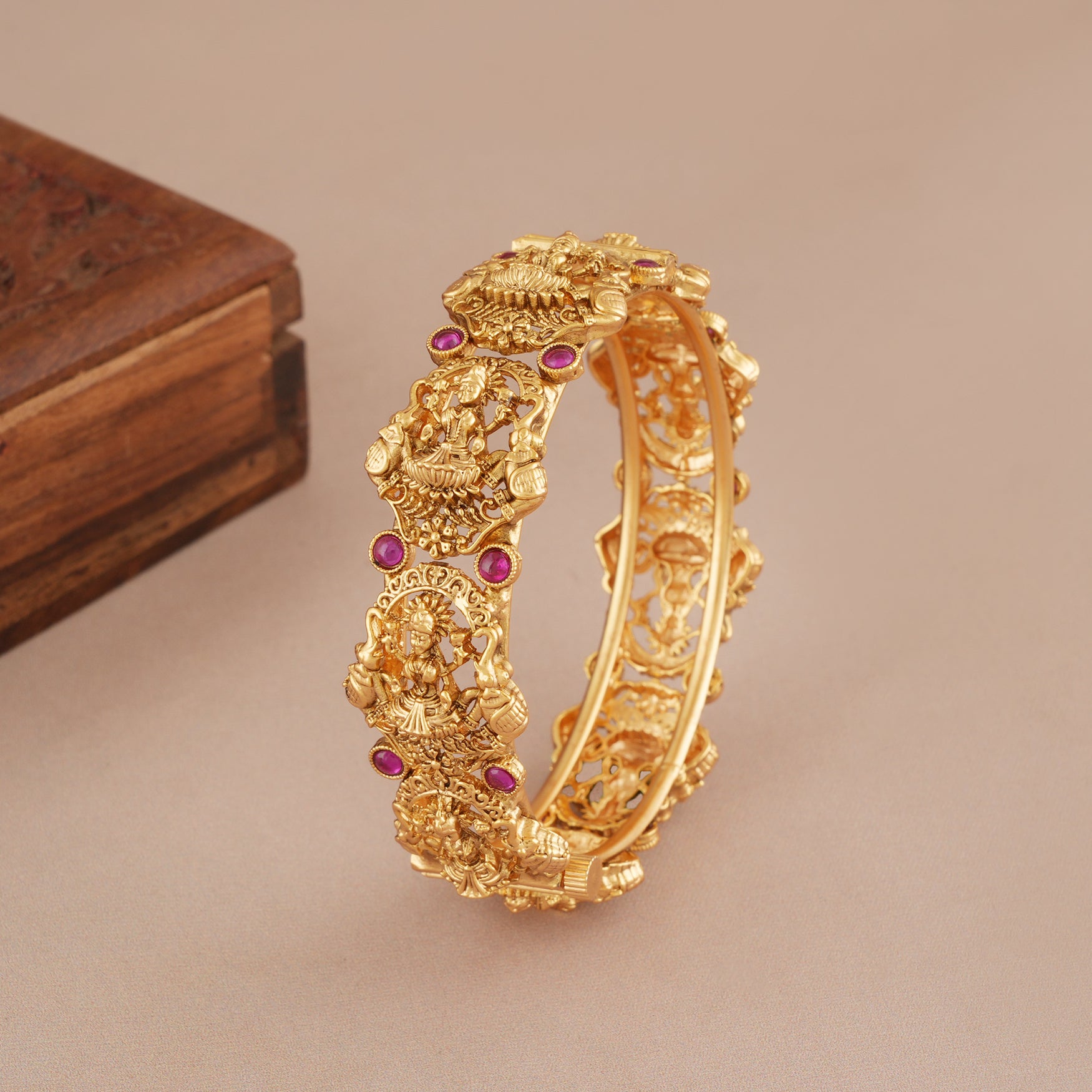 Stunning antique gold ma lakshmi kada ruby bangle