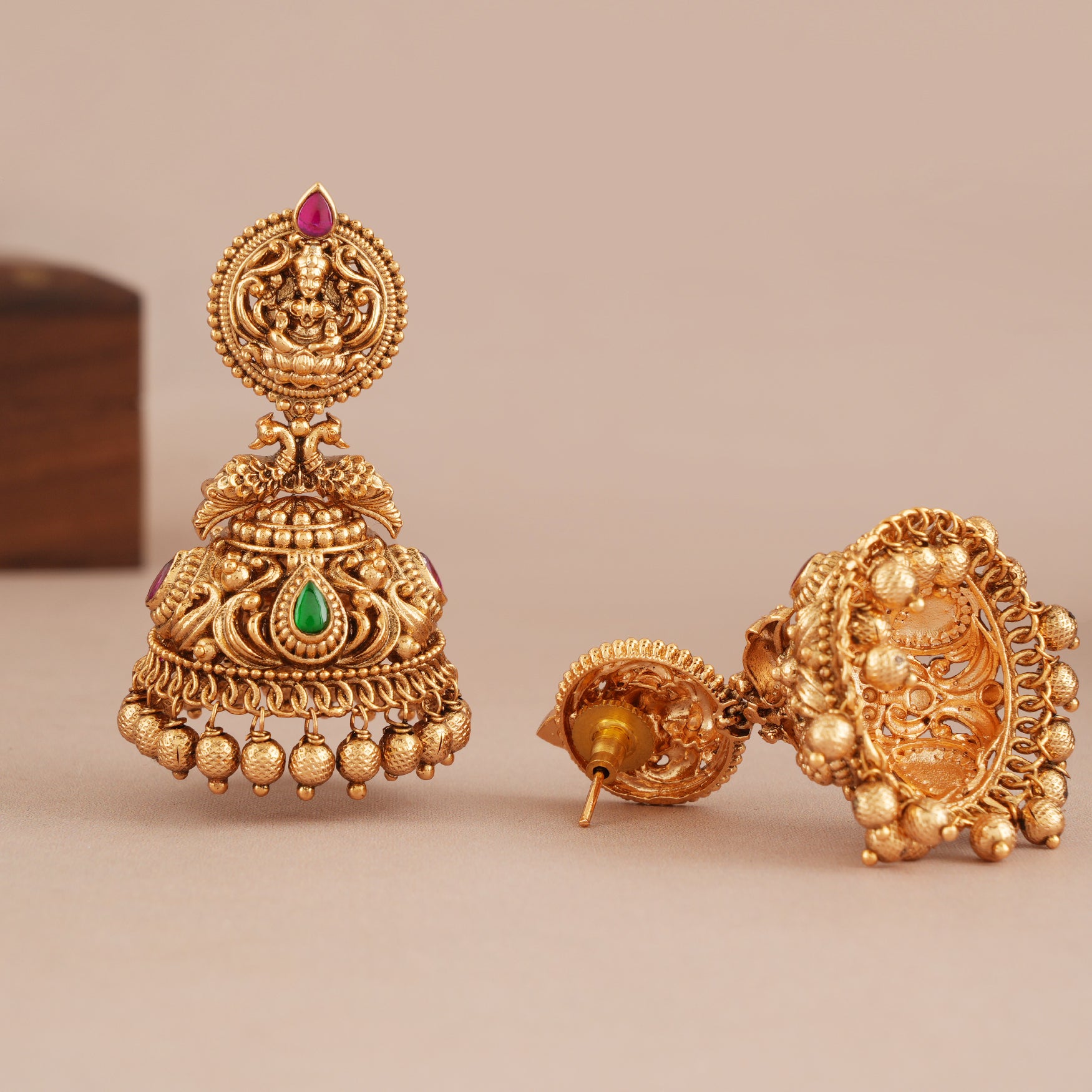 Stunning multicolor stone  antique gold ma lakshmi jhumka earring I Temple Jewellery