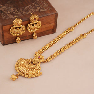 Long plain antique gold necklace set with earring I Temple Jewellery