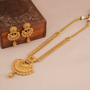 Long plain antique gold necklace set with earring I Temple Jewellery