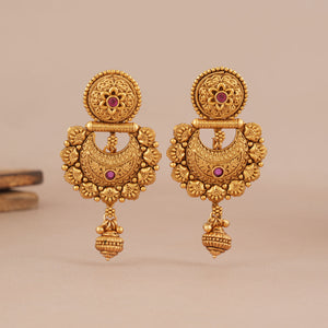 Long plain antique gold necklace set with earring I Temple Jewellery