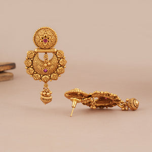 Long plain antique gold necklace set with earring I Temple Jewellery