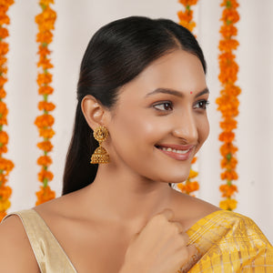 Long antique gold plain ma lakshmi jhumka earring I Temple Jewellery