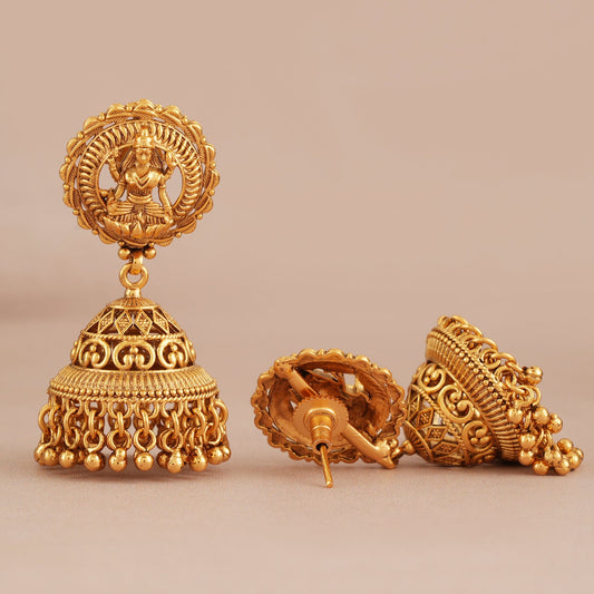 Long antique gold plain ma lakshmi jhumka earring I Temple Jewellery