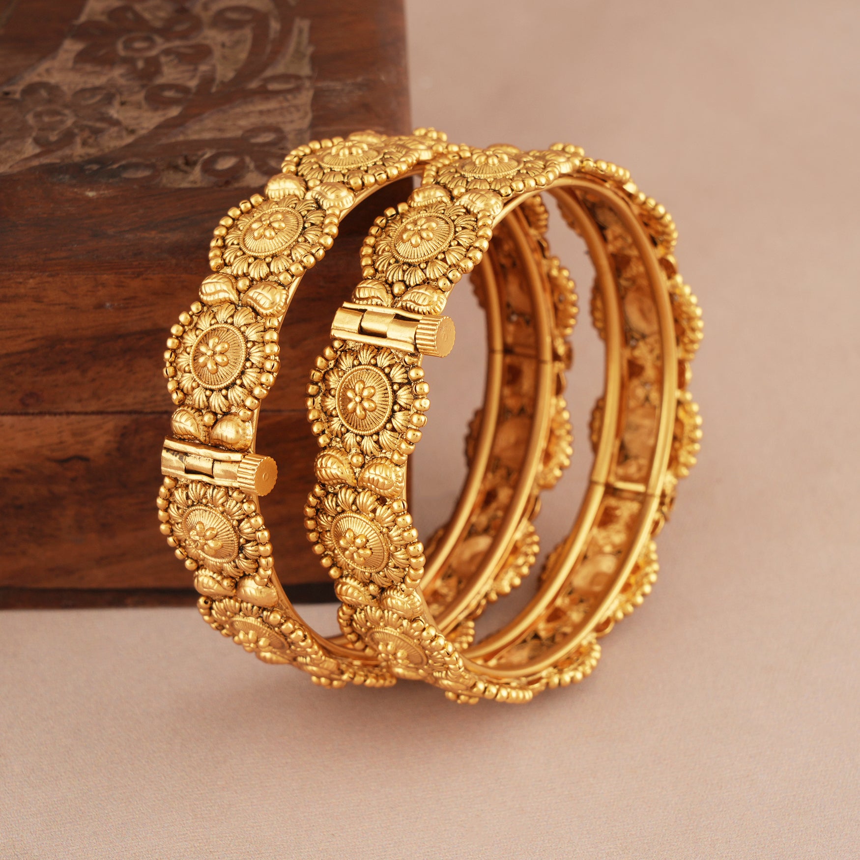 Stunning plain antique gold floral bangle set