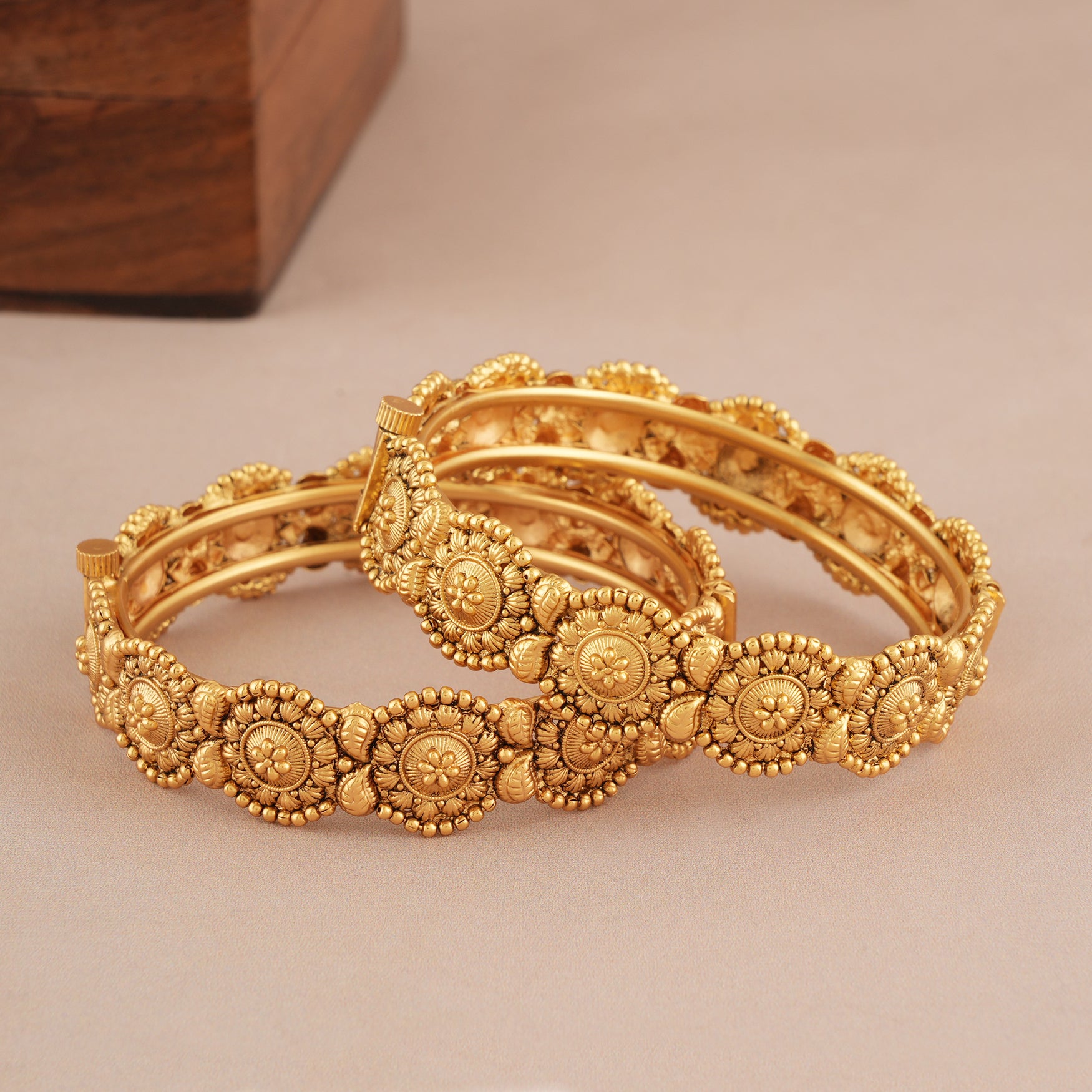 Stunning plain antique gold floral bangle set