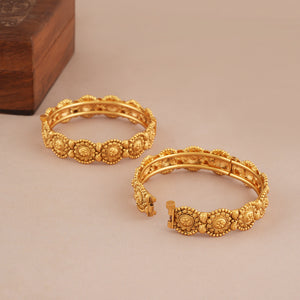 Stunning plain antique gold floral bangle set