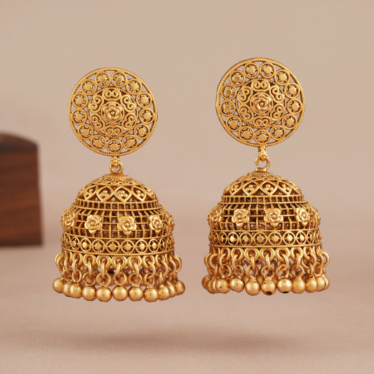 Stunning plain antique gold floral jhumka earring