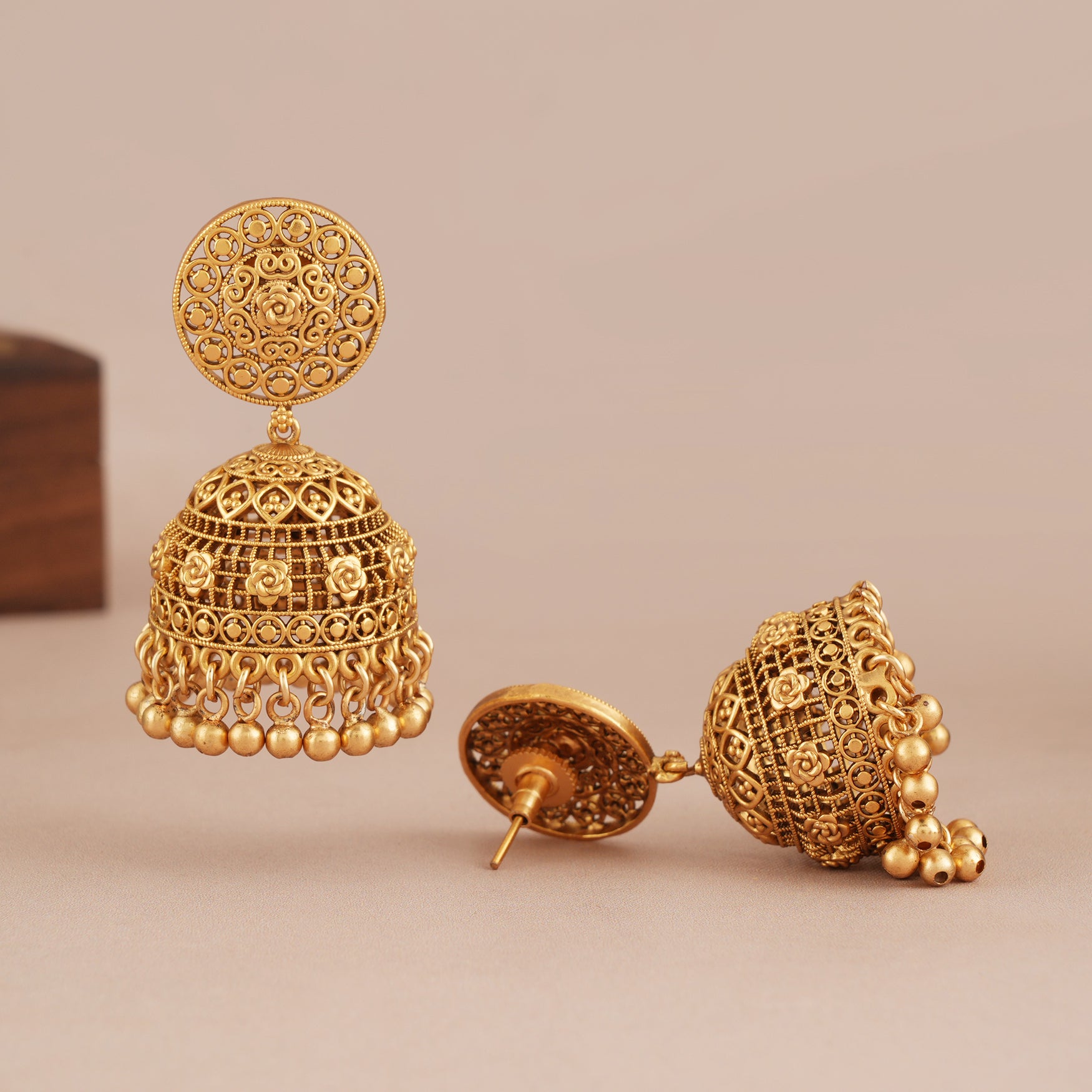 Stunning plain antique gold floral jhumka earring