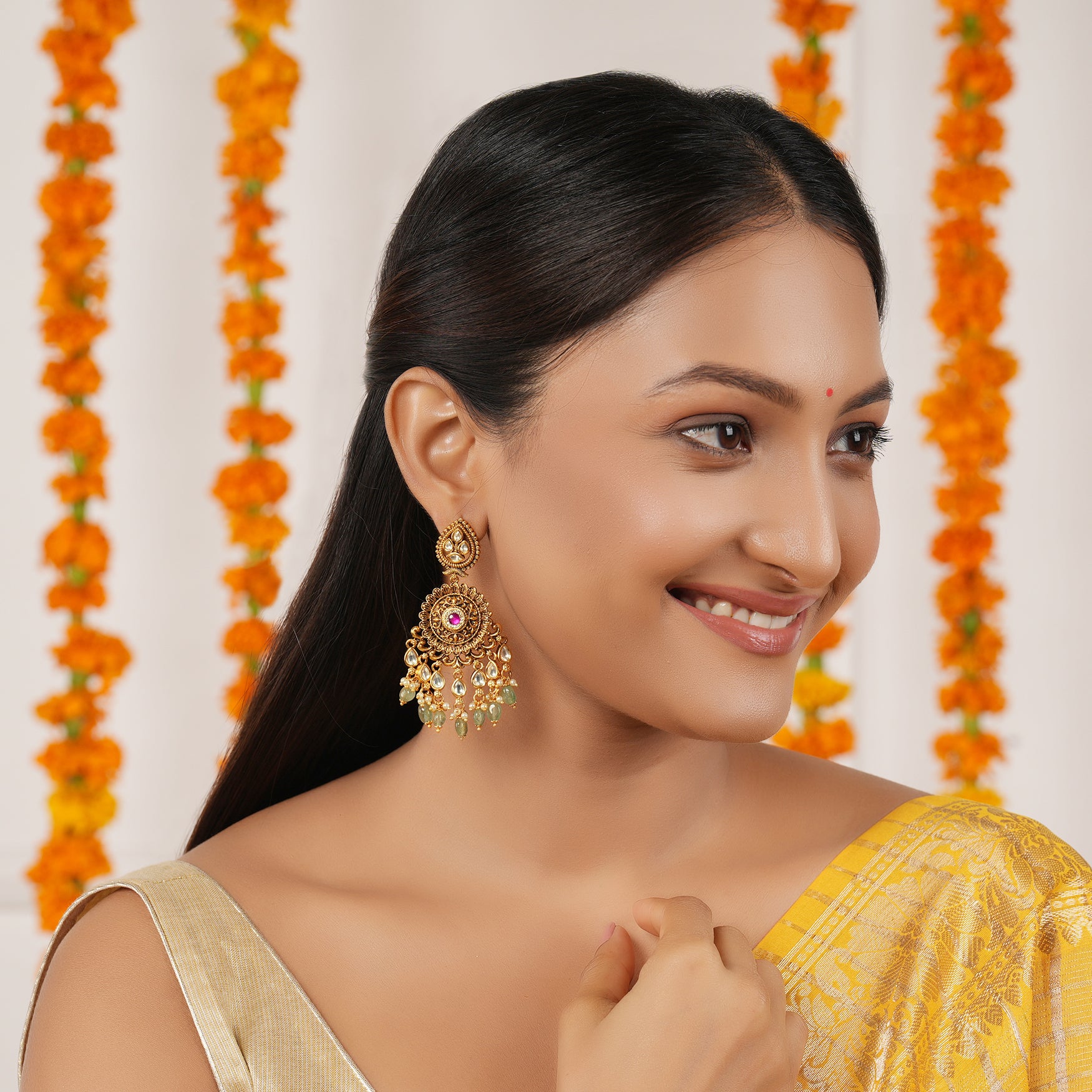 Gorgeous antique gold long kundan earring