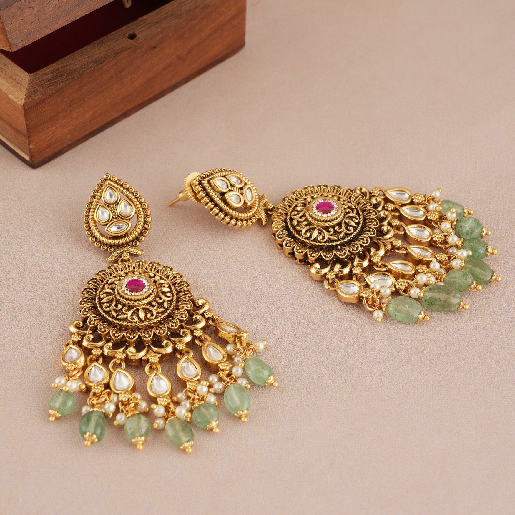 Gorgeous antique gold long kundan earring