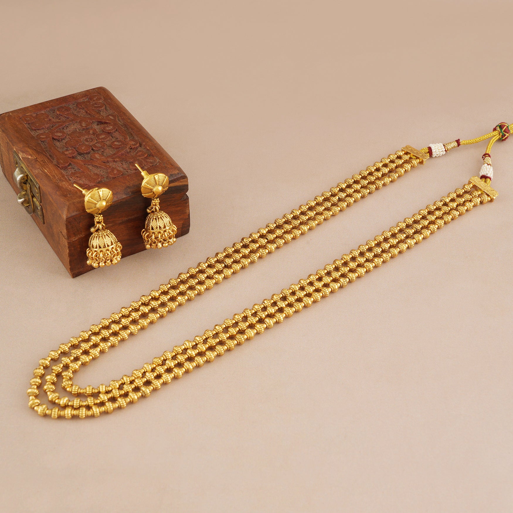 Long antique gold traditional mala necklace set