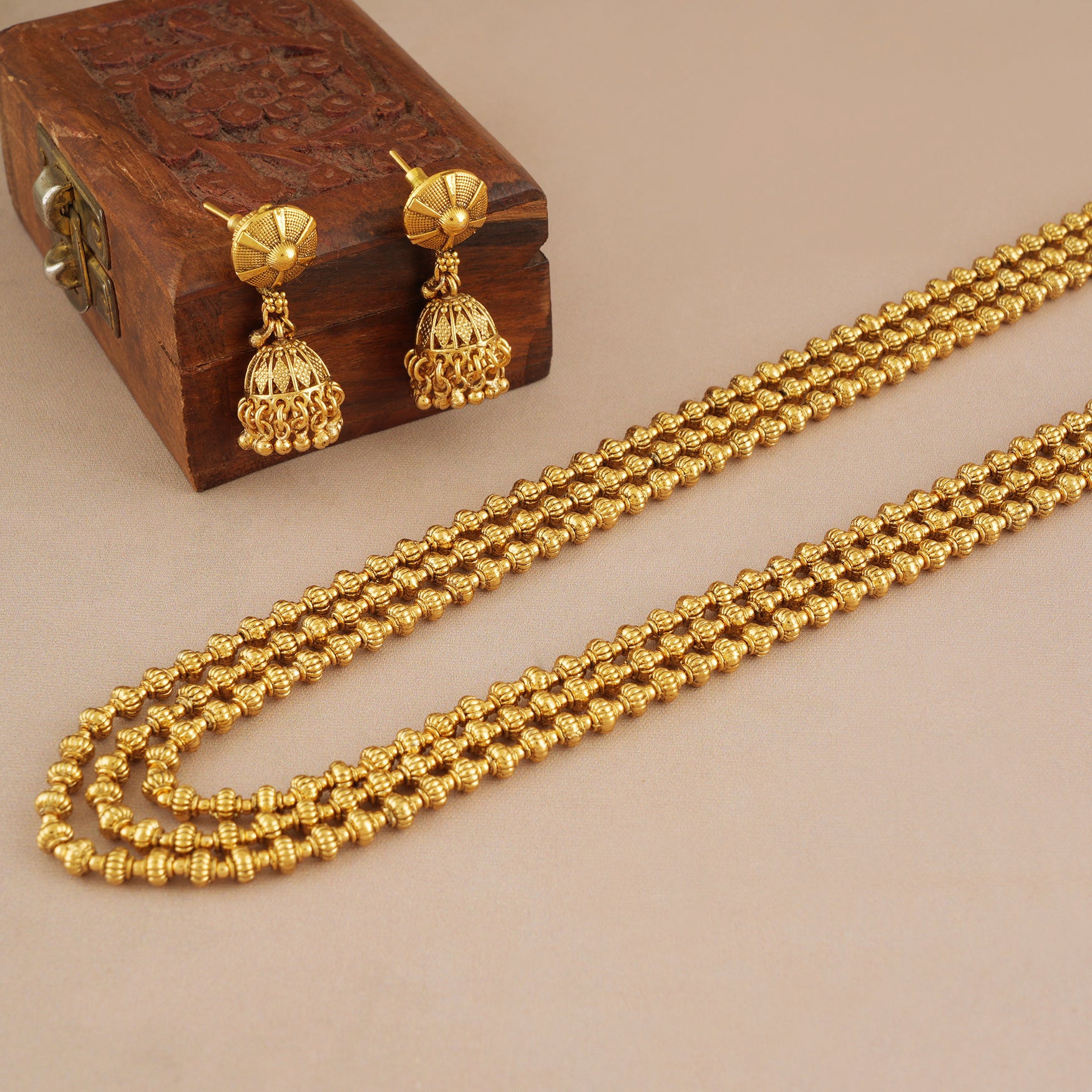 Long antique gold traditional mala necklace set