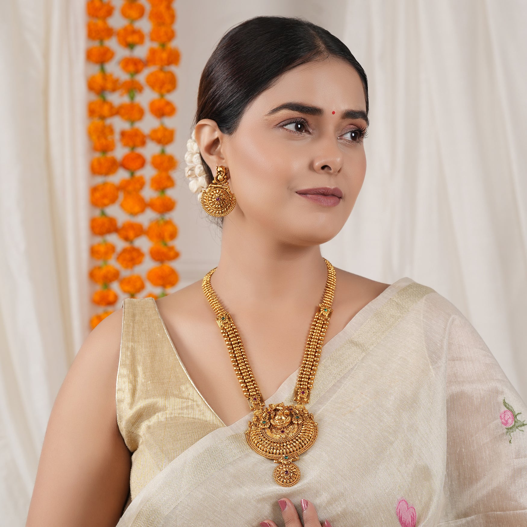 Long antique gold plated ganesh necklace set