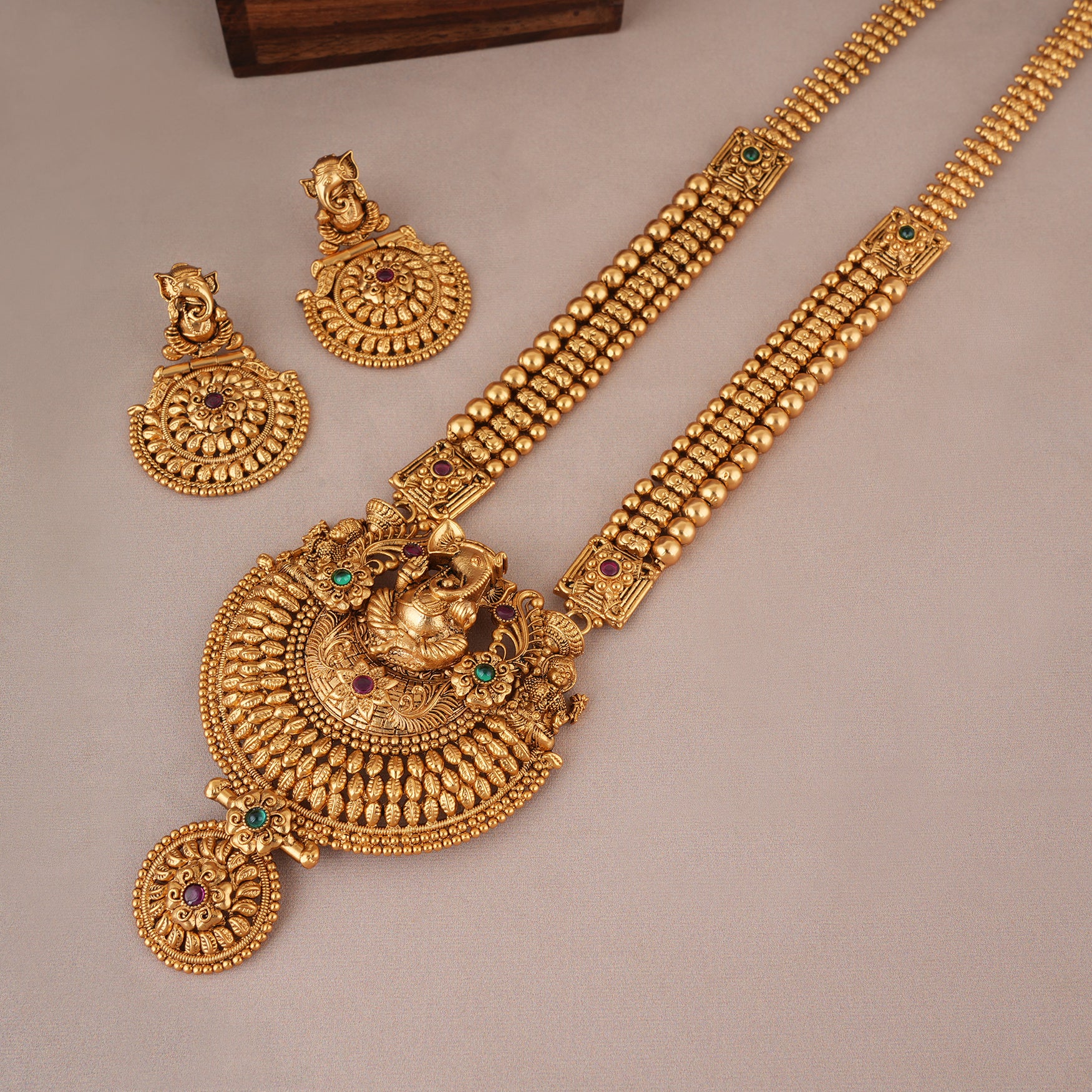 Long antique gold plated ganesh necklace set