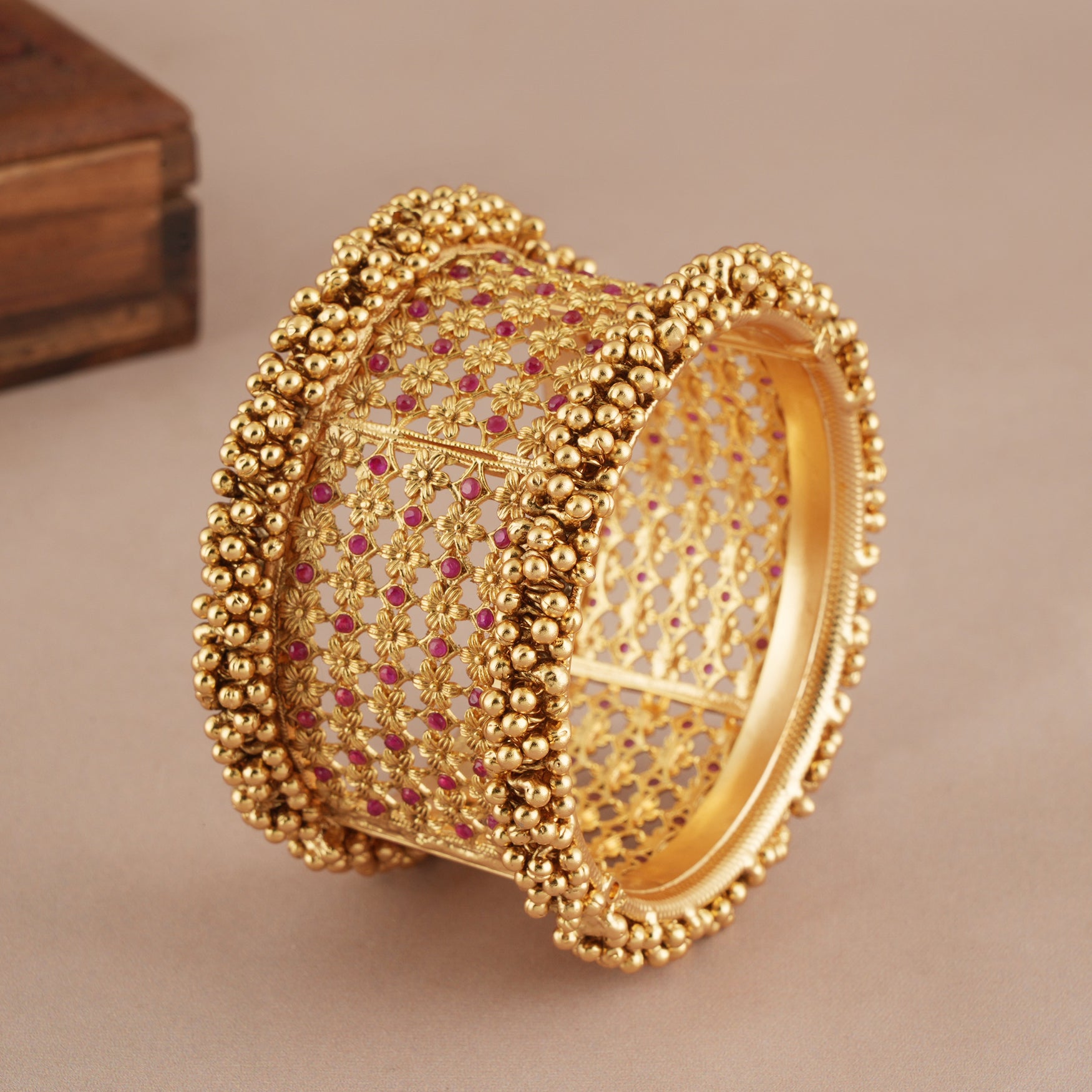 Stunning broad antique gold ruby kada bangle