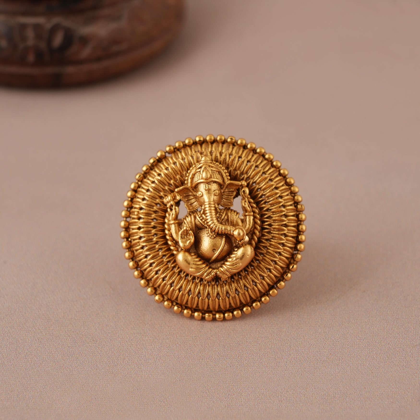 Cute antique gold plated round ganesh finger ring I Temple