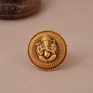 Cute antique gold plated round ganesh finger ring I Temple Jewellery