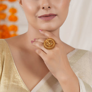 Cute antique gold plated round ganesh finger ring I Temple Jewellery