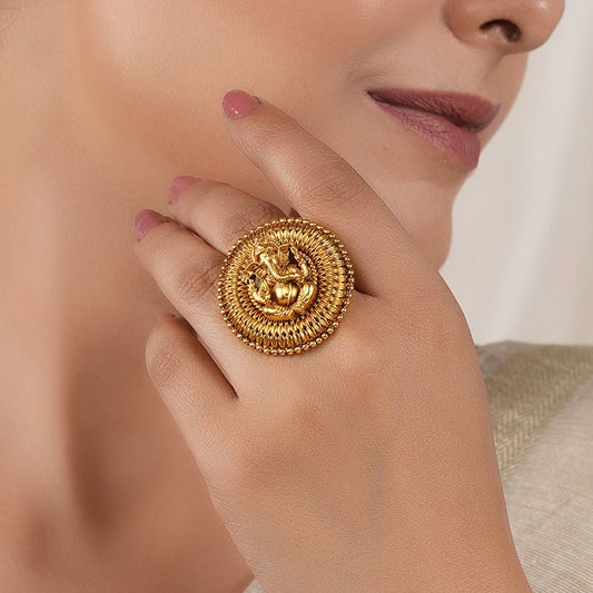 Cute antique gold plated round ganesh finger ring I Temple Jewellery