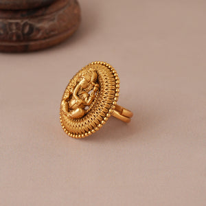 Cute antique gold plated round ganesh finger ring I Temple Jewellery
