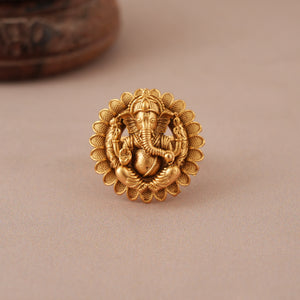 Round antique gold lord ganesh finger ring  I Temple Jewellery