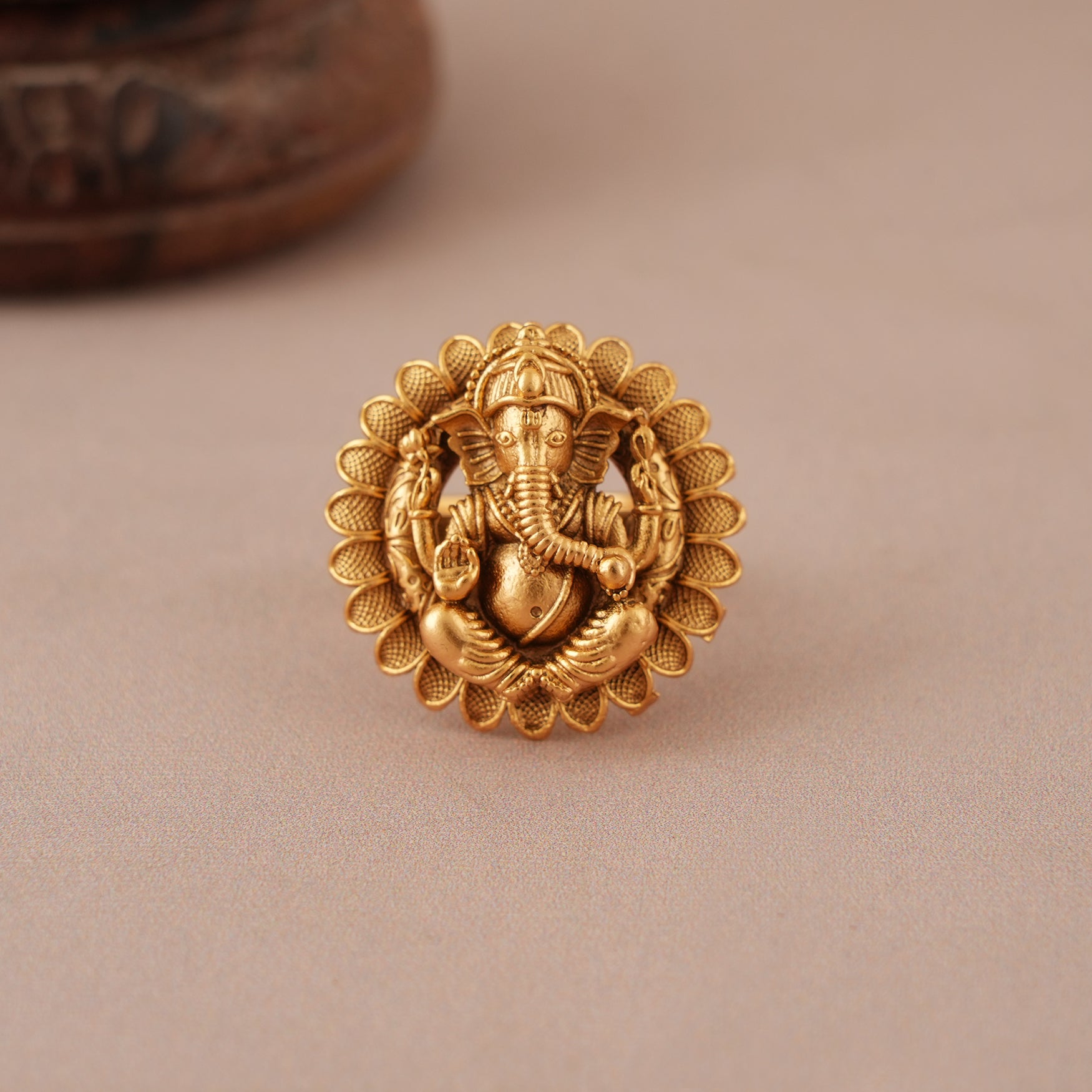 Round antique gold lord ganesh finer ring  I Temple Jewellery