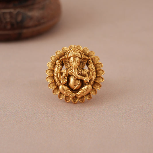 Round antique gold lord ganesh finer ring  I Temple Jewellery