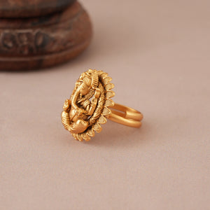 Round antique gold lord ganesh finger ring  I Temple Jewellery