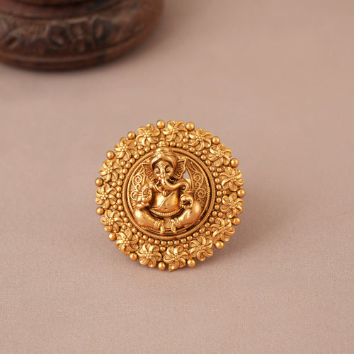 Antique Gold Ganesh Cocktail Finger Ring I Temple Jewellery