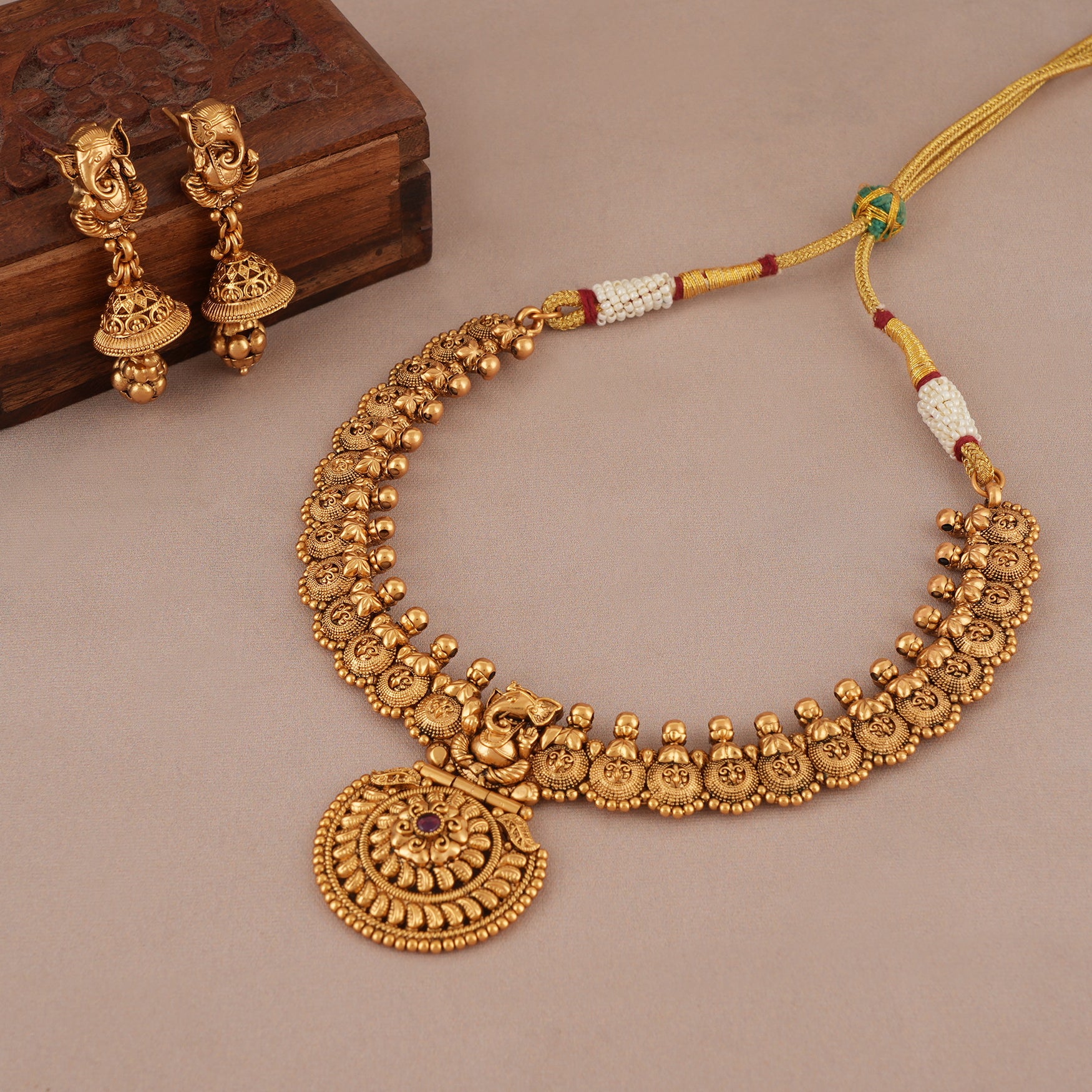 Stunning antique gold plated lord ganesh necklace set I Temple Jewellery