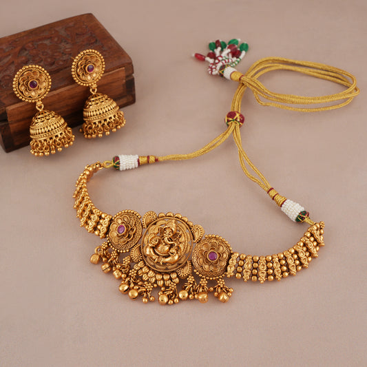 Stunning antique gold lord ganesha choker set I Temple Jewellery