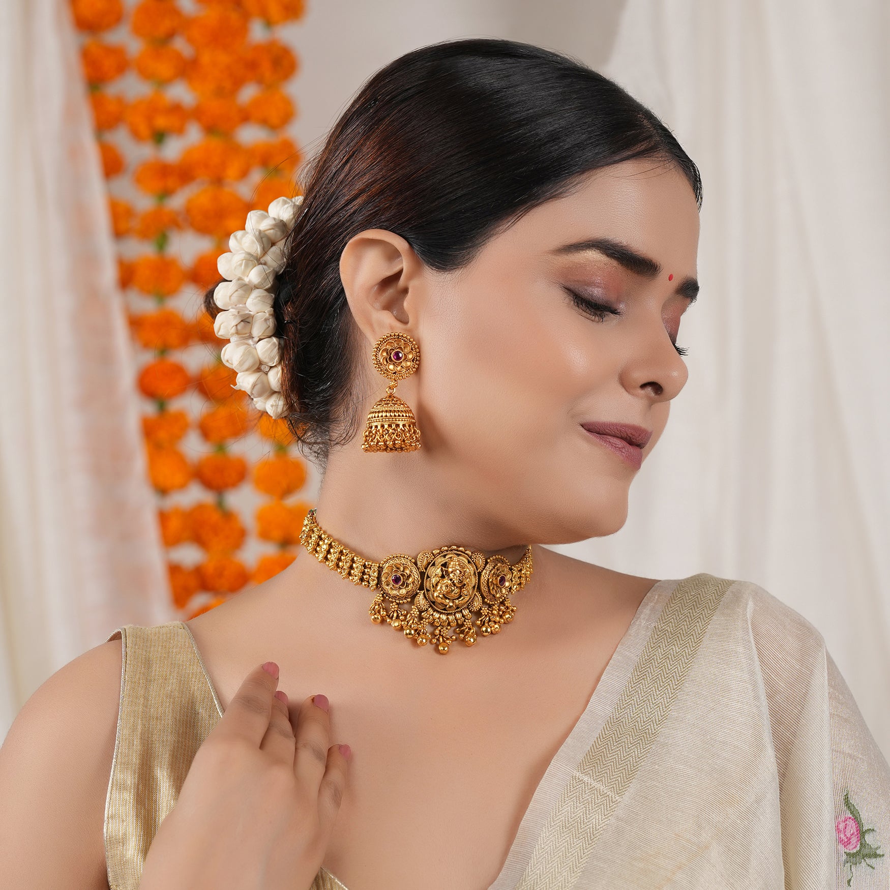 Stunning antique gold lord ganesha choker set I Temple Jewellery