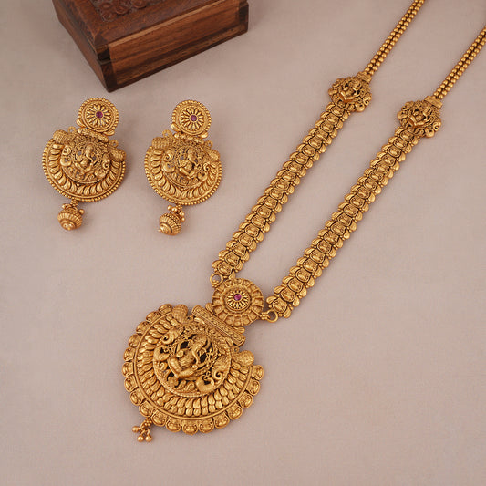 Long antique gold lord ganesh necklace set with earrings I Temple Jewellery