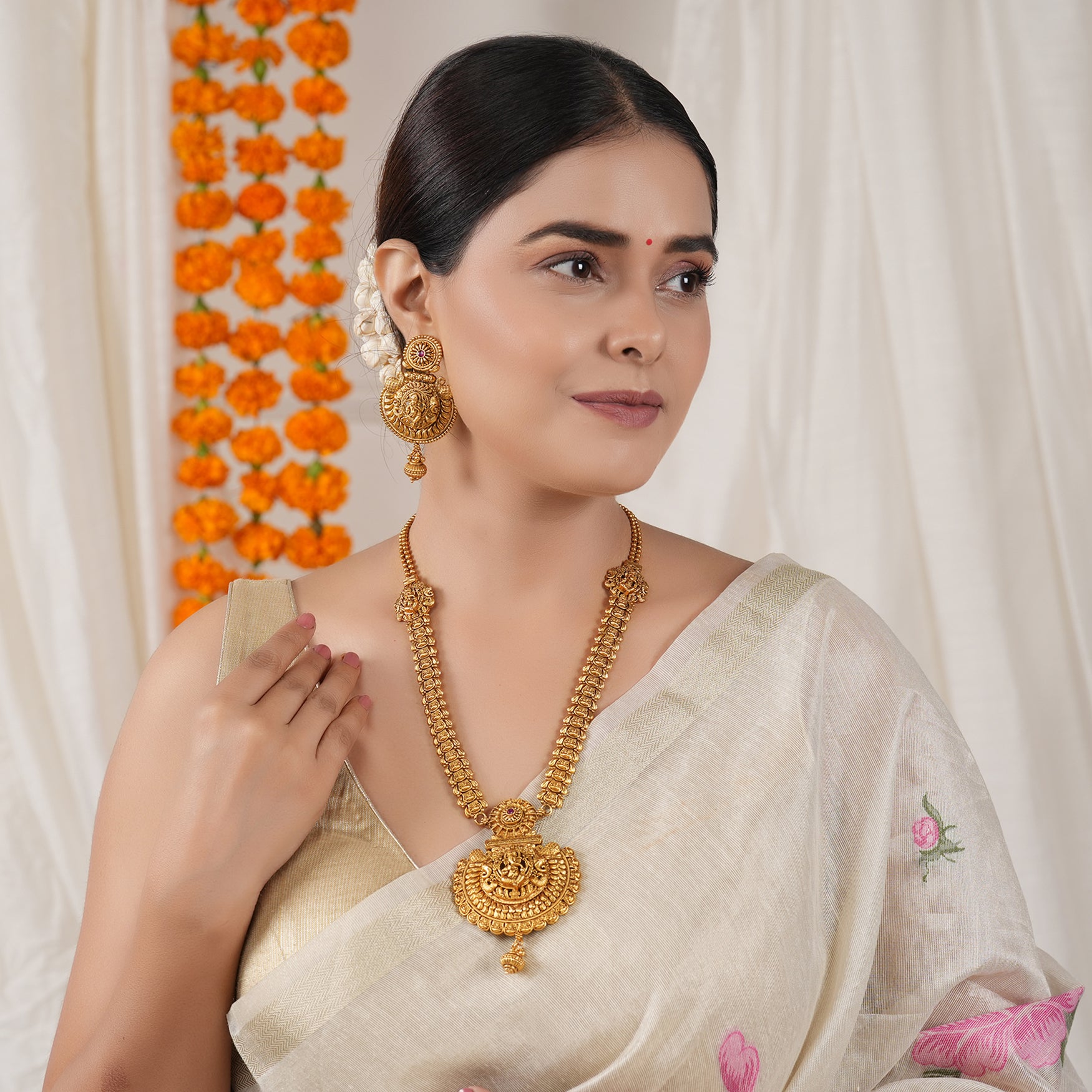Long antique gold lord ganesh necklace set with earrings I Temple Jewellery