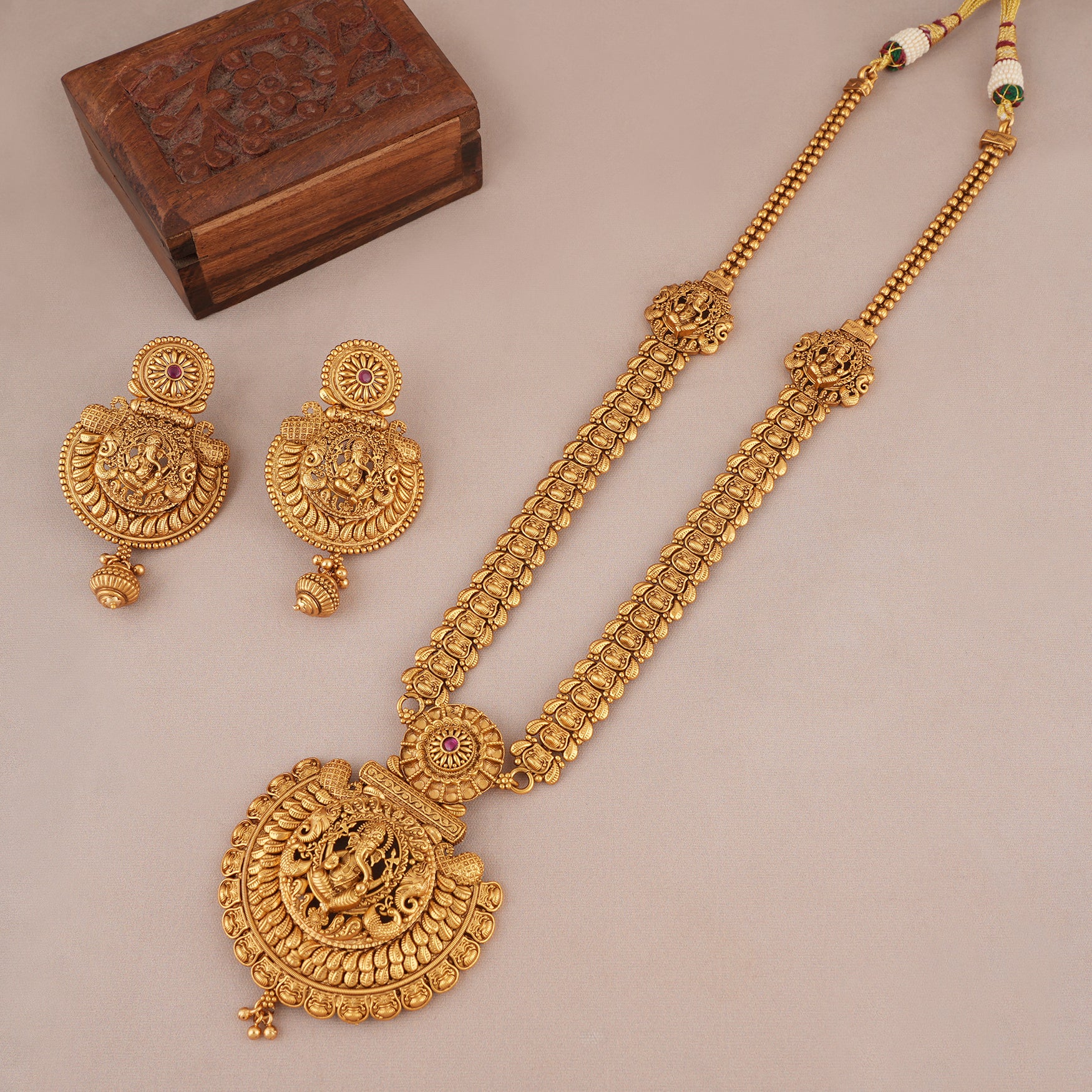 Long antique gold lord ganesh necklace set with earrings I Temple Jewellery