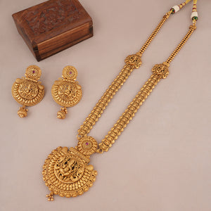 Long antique gold lord ganesh necklace set with earrings I Temple Jewellery
