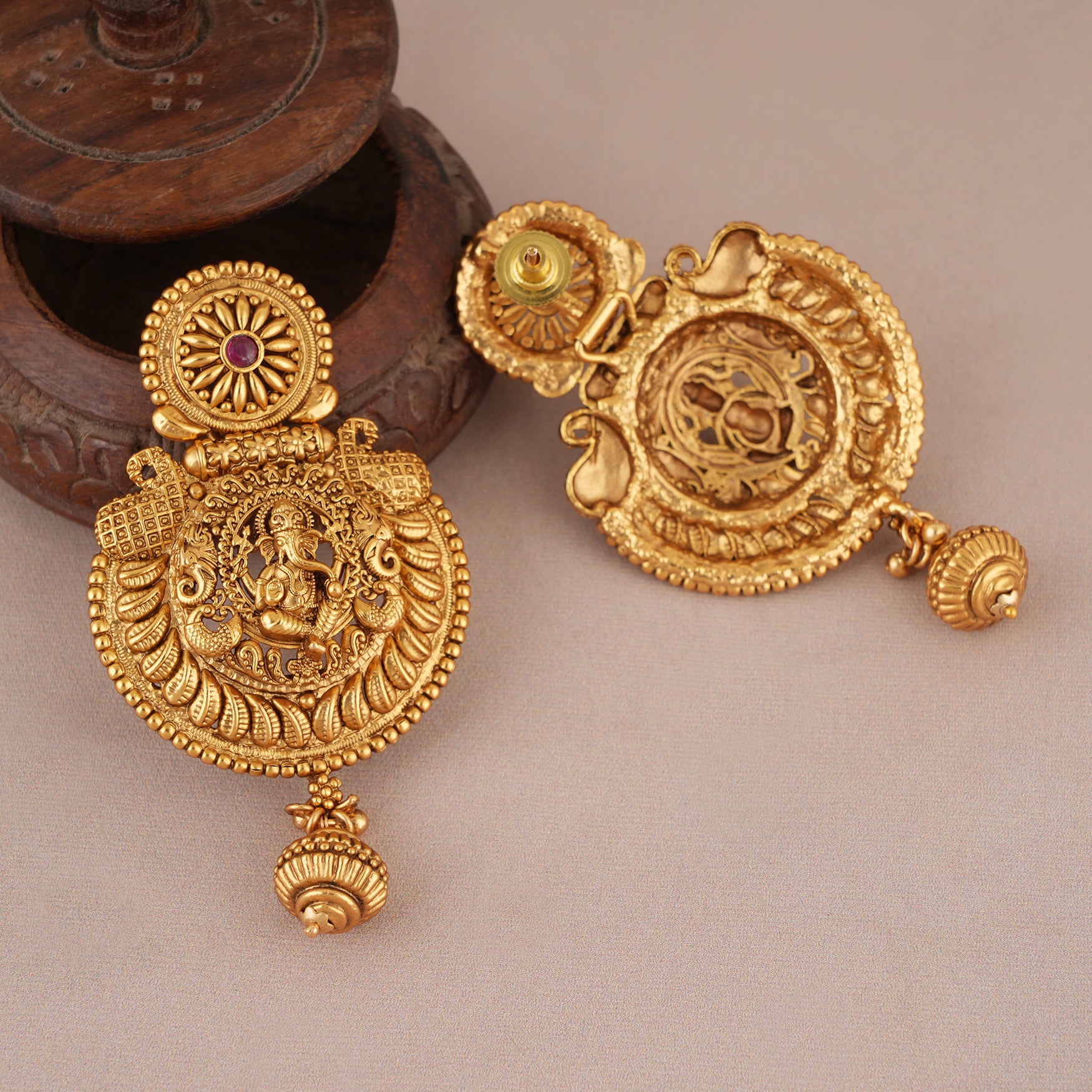 Long antique gold lord ganesh necklace set with earrings I Temple Jewellery