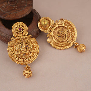 Long antique gold lord ganesh necklace set with earrings I Temple Jewellery
