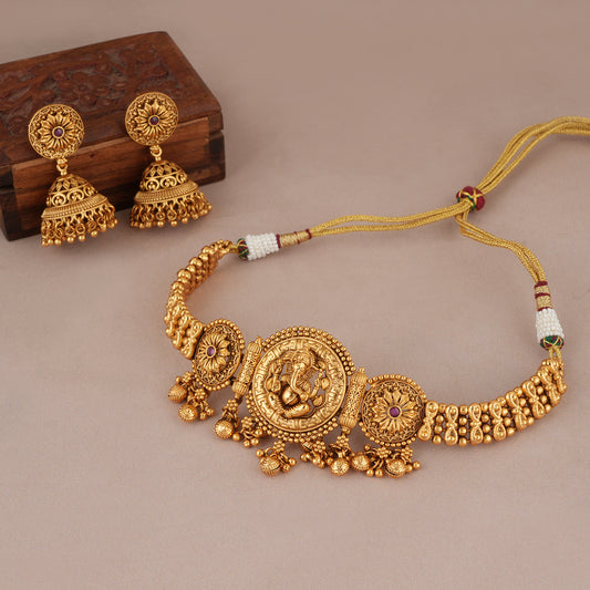 Beautiful antique gold stone ganesh  choker set I Temple Jewellery