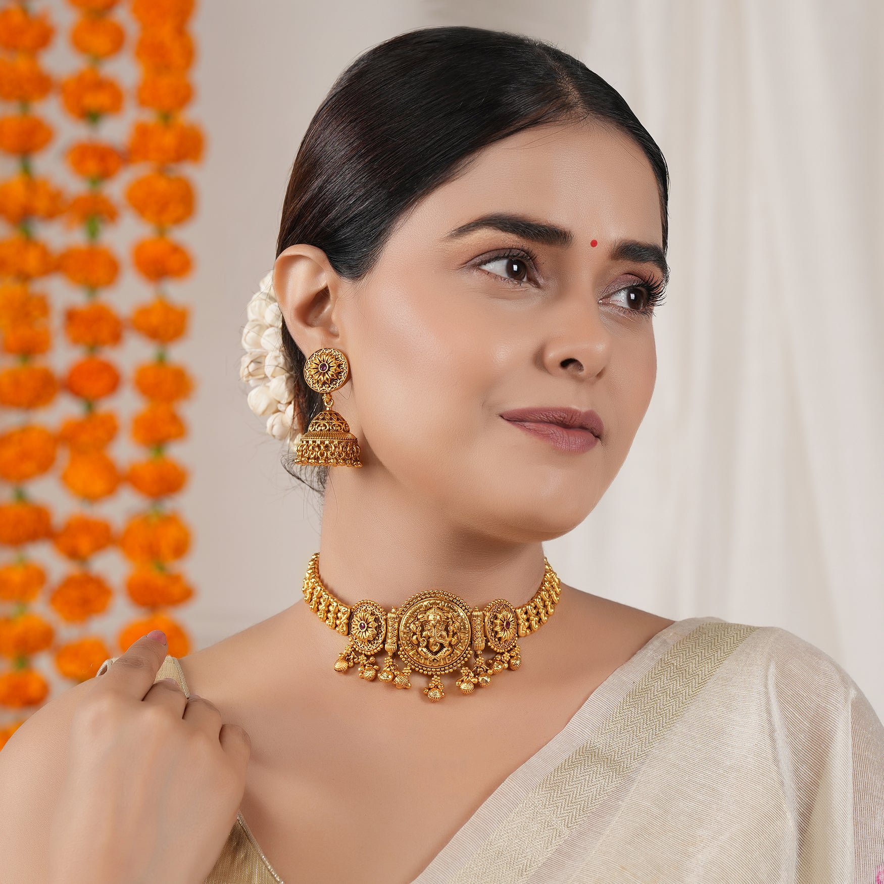 Beautiful antique gold stone ganesh  choker set I Temple Jewellery