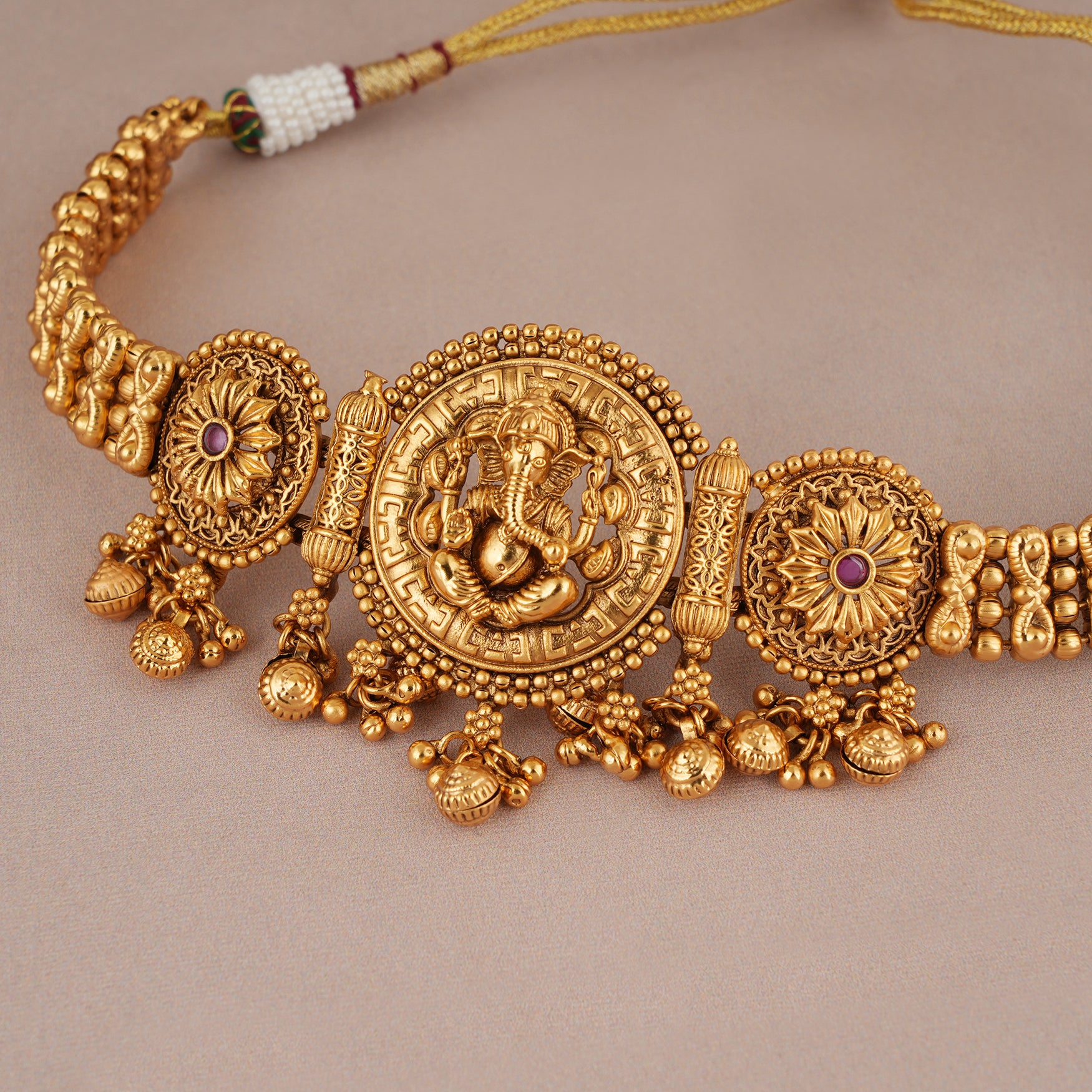 Beautiful antique gold stone ganesh  choker set I Temple Jewellery