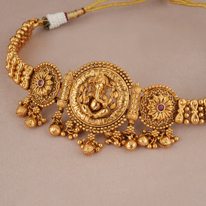 Beautiful antique gold stone ganesh  choker set I Temple Jewellery