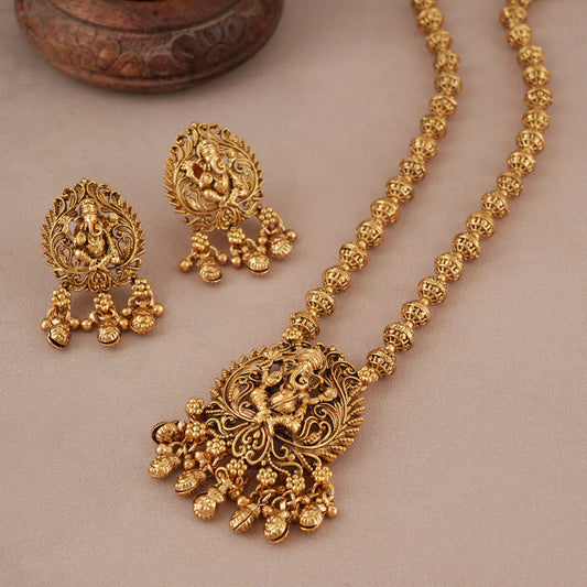 Stunning long antique gold lord ganesh pendant set I Temple Jewellery