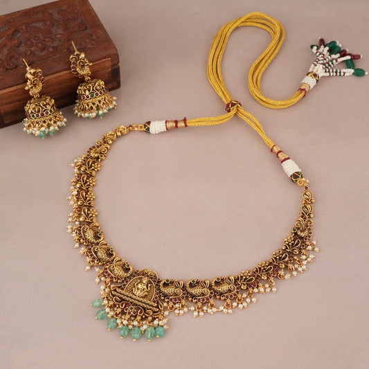 Beautiful antique gold ma lakshmi kemp necklace set I Temple jewellery