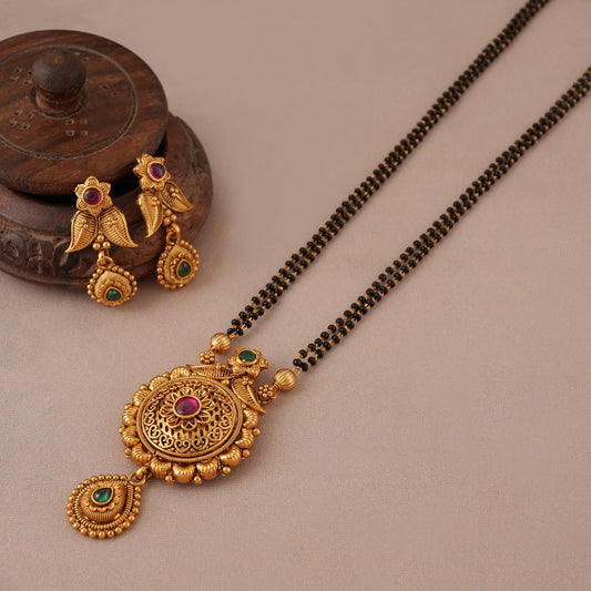 Beautiful antique gold long ruby mangalsutra set with earring